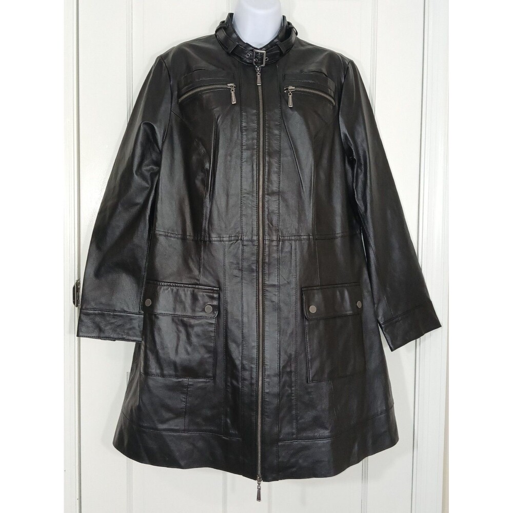 JESSICA LONDON Black 100% Leather Long Motorcycle Biker Jacket Coat Sz 16